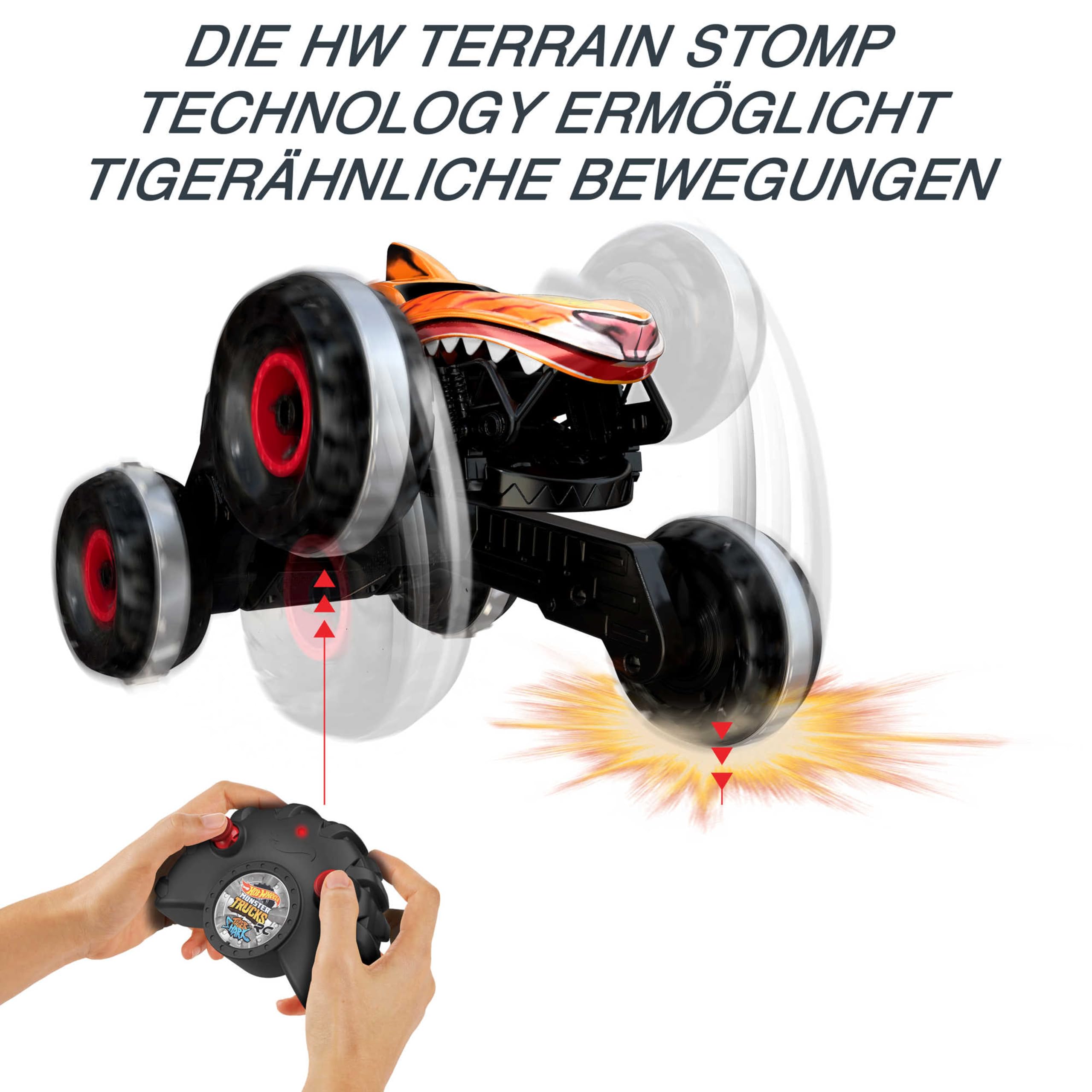 Hot Wheels Monster Trucks Ferngesteuertes Auto Tiger Shark, mit 'Terrain Stomp' Technologie für tierähnliche Bewegungen, Wheelie Modus für Drehen auf 2 Rädern, Spielzeug ab 4 Jahre, HGV87 3