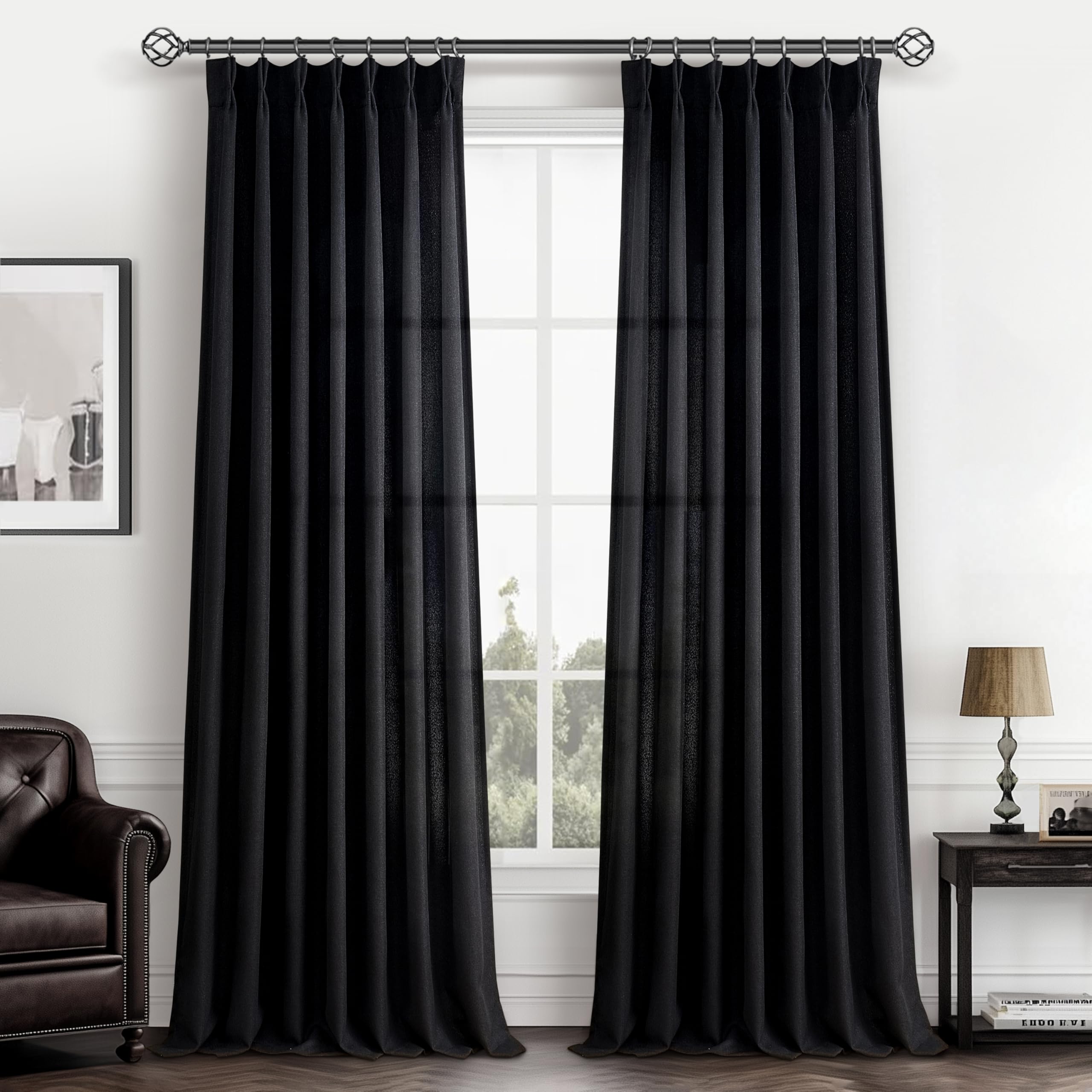 Photo 1 of Extra Long Floor to Ceiling 108 Inch Negras Cortinas Para Sala, Pinch Pleated Linen Sheer Luxury Cutains for Living Room 2 Panels Set Light Filtering Privacy 9 FT Large Window Drape with Hook Back Tab