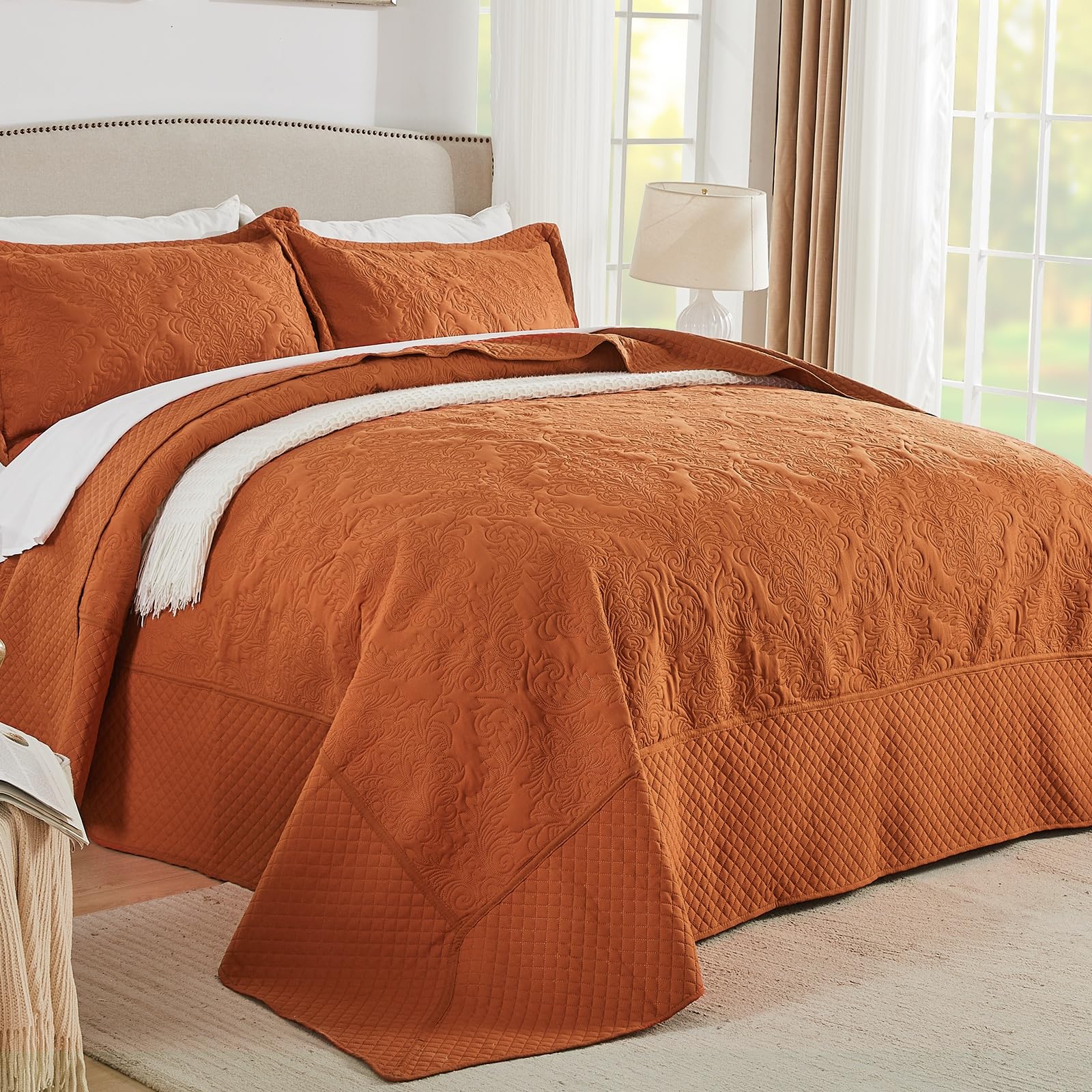 Photo 1 of ENJOHOS Burnt Orange Oversized King Bedspreads 128"x120" - California King Quilt Sets Reversible, Lightweight Summer Soft Microfiber Bed Coverlet Super King Bedding (1 Cal King Quilt, 2 Pillow Shams)