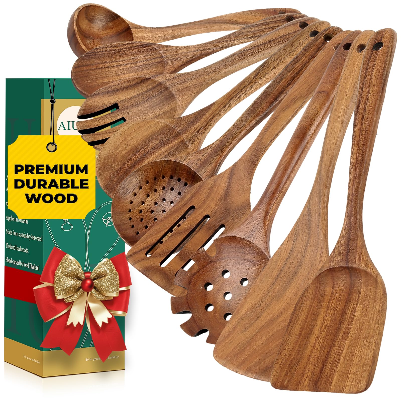 Photo 1 of AIUHI Natural Teak Wood Kitchen Utensil Set, 9Pcs Wooden Spoons for Cooking, Cooking Utensils Set for Nonstick Cookware, Durable & Heat Resistant