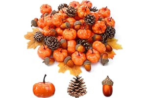Yookeer 120pcs Thanksgiving Mini Pumpkins Artificial Acorns Pine Cones for Decorating Fall Vase Filler Thanksgiving Table Centerpiece Small Fake Props Bulk for Autumn Harvest DIY Craft(Classic Color)
