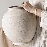 White Ceramic Vase - Large 12.5 Inch Round Floor Vase for Centerpieces, Farmhouse Rustic Minimalist Home Decor (Sandstone Whi
