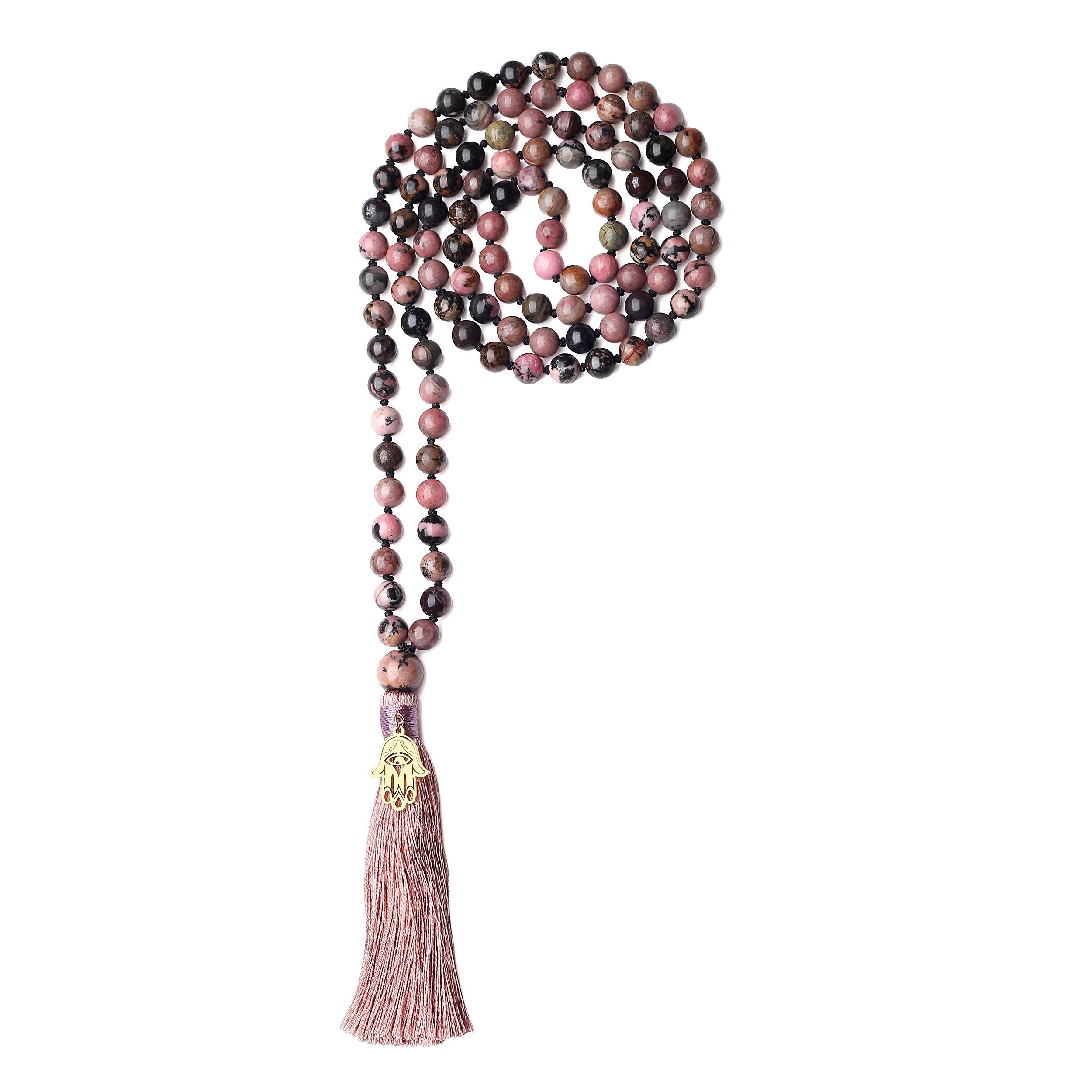 coai Hand Knotted Tassel Black Veins Rhodonite Stone 108 Mala Beads Necklace