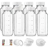 8 Pack 16 Oz Reusable Glass Milk Bottles w 100% Airtight Heavy Duty SCREW Lid & 2 Pour Spouts - Glass Juice Bottles w Capacity Mark - Beverage Drinking Jar Juice Container Breast Milk(Extra 2 Lids)