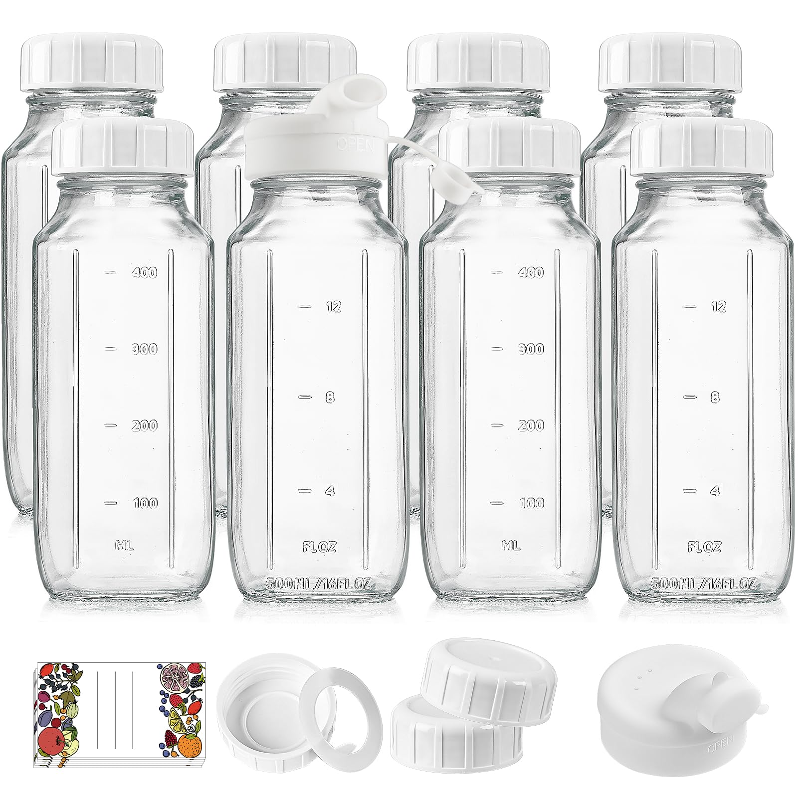 View 1 of ***MISSING PARTS*** USED
8 Pack 16 Oz Reusable Glass Milk Bottles w 100% Airtight Heavy Duty SCREW Lid & 2 Pour Spouts - Glass Juice Bottles w Capacity Mark - Beverage Drinking Jar Juice Container Breast Milk(Extra 2 Lids)