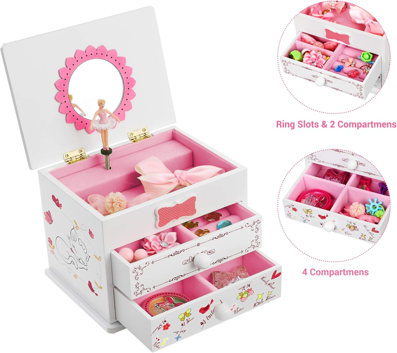 SONGMICS Ballerina Music Jewelry Box for Little Girls, Cartoon Cat, Fur Elise Melody, 5.9"L x 4.5"W x 4.8"H, White: Furniture & Decor