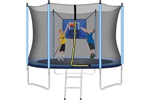 JINS&VICO 8 FT Outdoor Trampoline, Fitness Trampoline with Basketball Hoop, 2 Steps Ladder and Safe Enclosure Net, Recreational Trampoline for Children, Adults, Outdoor, Park, Kindergarten, Backyard