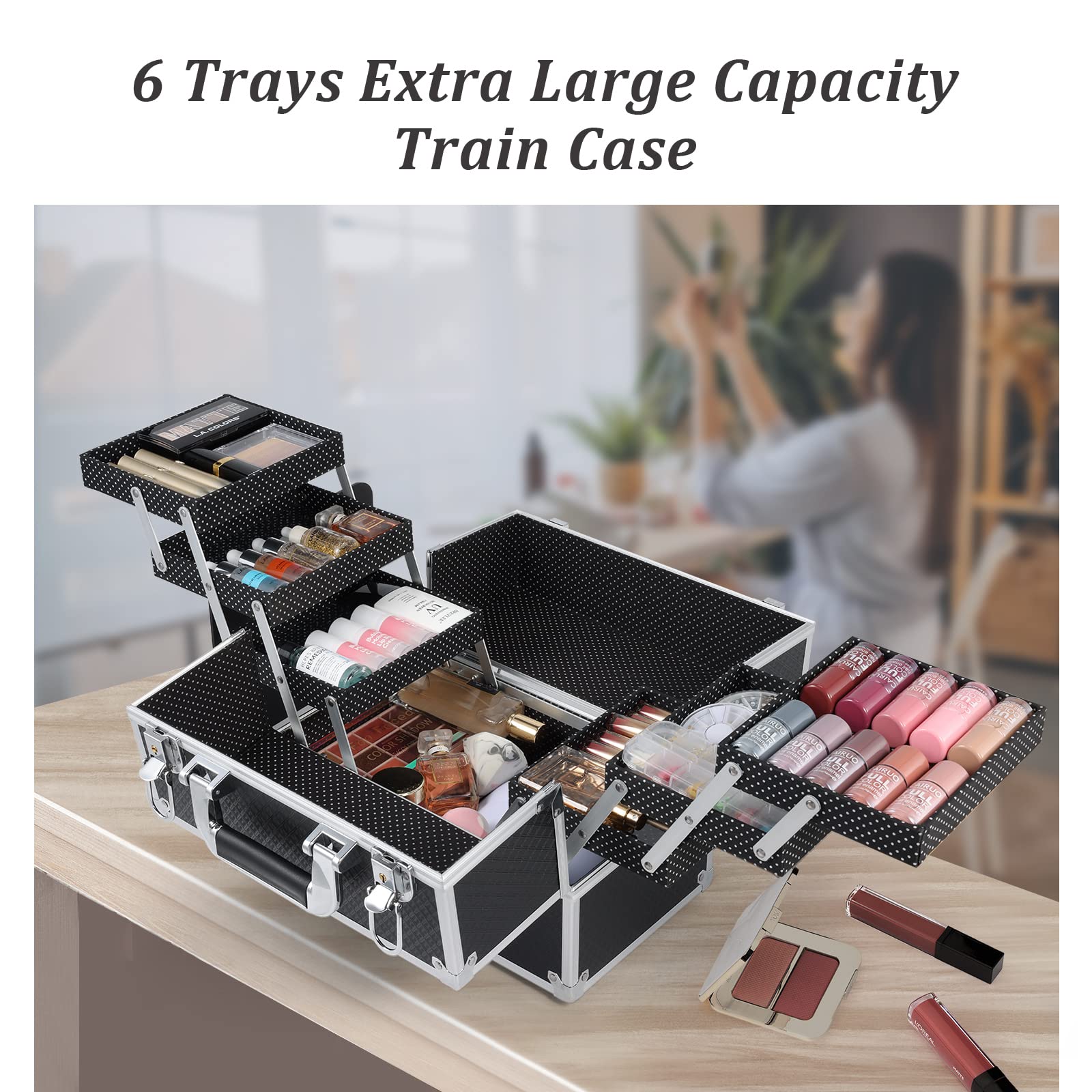 FRENESSA Makeup Train Case Makeup Case 11.8 Inch Large Cosmetic Box Organizer Travel Storage Professional Make Up Train Carrying Case with 6 Trays Locking Hard Vanity Storage Black
