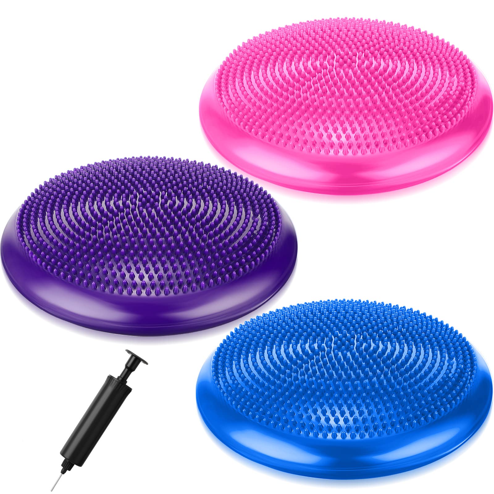 Photo 1 of Leitee 3 Pcs Inflated Wobble Cushion Exercise Wiggle Seat for Sensory Flexible Seating Wobble Board Balance Disc Sensory Wiggle Seat Pad for Office Chair with Air Pump(Blue, Purple, Rose Red)