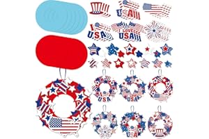 Lunmon 24 Sets 4th of July Wreath Crafts for Kids Bulk Patriotic Wreath Crafts Kit with American Flag Star Patriotic Hat Fireworks USA DIY Wreath Crafts Ornament for Independence Day School Art