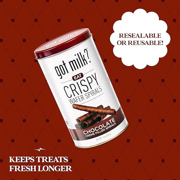 GOT MILK? WAFER SPIRALS, CHOCOLATE, 14 OZ. TIN WITH 36 ROLLS, DELICIOUS ROLLED WAFER ROLLS WITH FILLING, CHOCOLATE WAFER COOKIES FOR DESSERT OR SNACK, RETAIL PACK