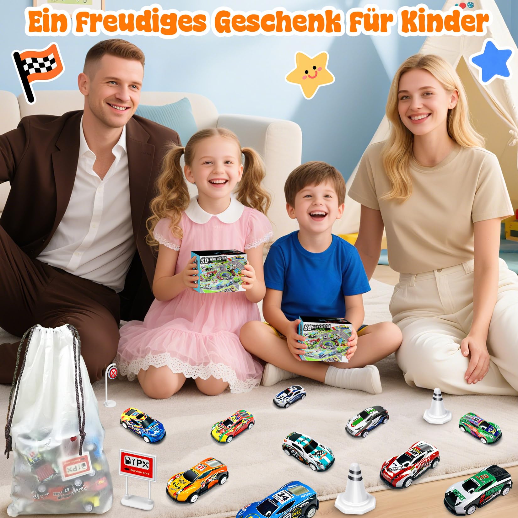 TOYABI Auto Spielzeug Set, 10 Stück Spielzeugautos Metall mit spielteppich & Katapult, Kleine Spielzeugauto, Autos Zurückziehen Fahrzeuge, Geburtstag Geschenk für Kinder ab 3 4 5 6 7 8 Jahre 7