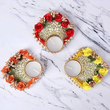 HomeSquare Tealight Holder Diwali Diya with Artificial Flowers & Tea Lights - Pack of 3