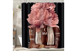 MESHELLY Pink Black Girl Shower Curtain 60Wx72H Black Woman Peony Floral Quotes Girly Bathroom Curtain Set African American Bath Curtain Fabric Inspirational Modern Afro Lady Bathroom Decor 12 Hooks