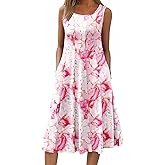 HOTOUCH Summer Casual Dresses for Women Sleeveless Midi Dress Swing Tank Sundress Pleated Tshirt Dress with Pockets