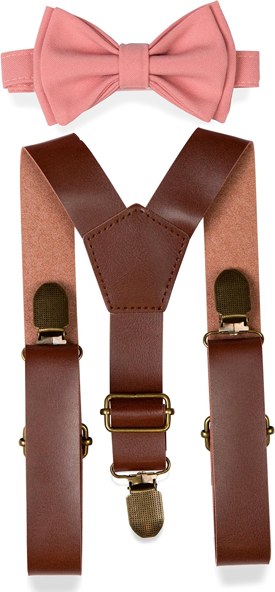 Armoniia Brown PU Leather Suspenders Bow Tie Combo for Baby Toddler Boy Men
