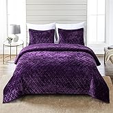 Fredsure Distressed Velvet Quilt Set, 3 Pieces Purple Queen, Distressed Velvet Face and Brushed Microfiber Reverse with Diamond Quilting