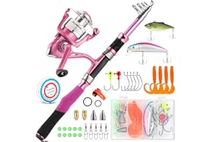 Fishing Rod and Reel Combos, Fishing Gear Gifts for Women with Spinning Reel, Lures, Line, Pink Ladies Telescopic Pole Kit Designed for Girls Adults by PLUSINNO