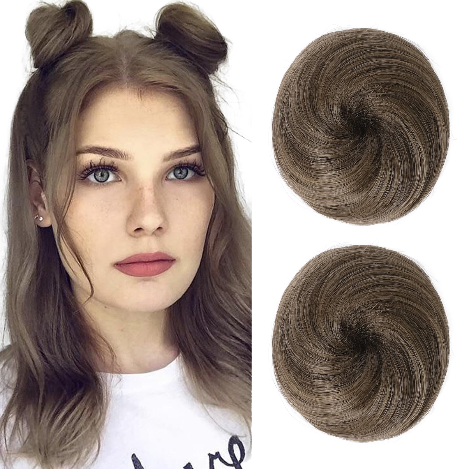 REECHO 2 PCS Mini Claw Clip in Messy & Cat Ears Hair Bun Extensions Wig Accessory Updo Hairpieces for Women Girls (Pack of 2-3" Straight, Ash Light Brown)
