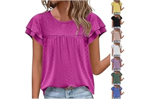 GOFLIC Summer Tops for Women Eyelet Ruffle Sleeve Blouses Solid Color Babydoll Shirts Casual Loose Crewneck Tunic Tops