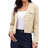 Allegra K Tweed Jacket Women Long Sleeve Button Down Collarless Business Casual Blazer Fall Trendy Cropped Jackets