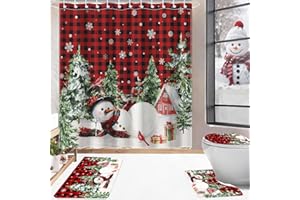 LINDAMELER Christmas Shower Curtain Sets 4pcs Winter Pine Tree Bathroom Decor Set with Showe Curtain Rugs Toilet Lid Cover, Xmas Tree Holiday Bath Curtain with 12 Hooks (Red, 70.8" L x 70.8W, Snowman)