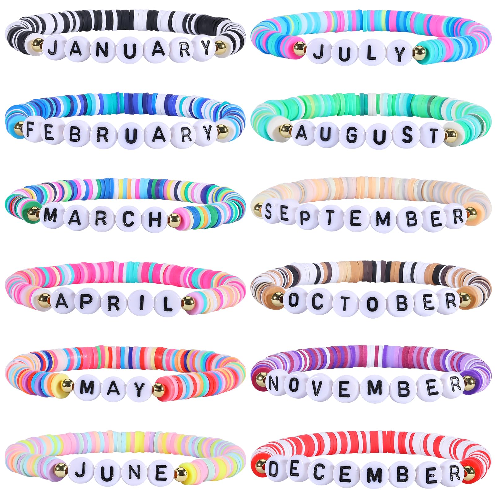 LEGENTLISUR 12 Pieces Clay Bracelet Letter Clay Bracelet Month Clay Bracelet Beach Clay Bracelet Set With Acrylic Beads Suitable For Women（Mixed Colors）