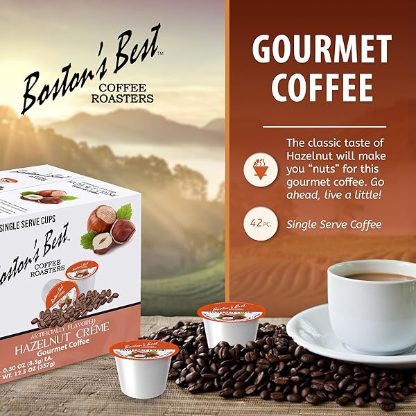 BOSTON’S BEST – HAZELNUT CREME FLAVORED, DELICIOUS GOURMET COFFEE COMPATIBLE WITH KEURIG® COFFEE MAKER, 1 COUNT (42 SINGLE SERVE CUPS)