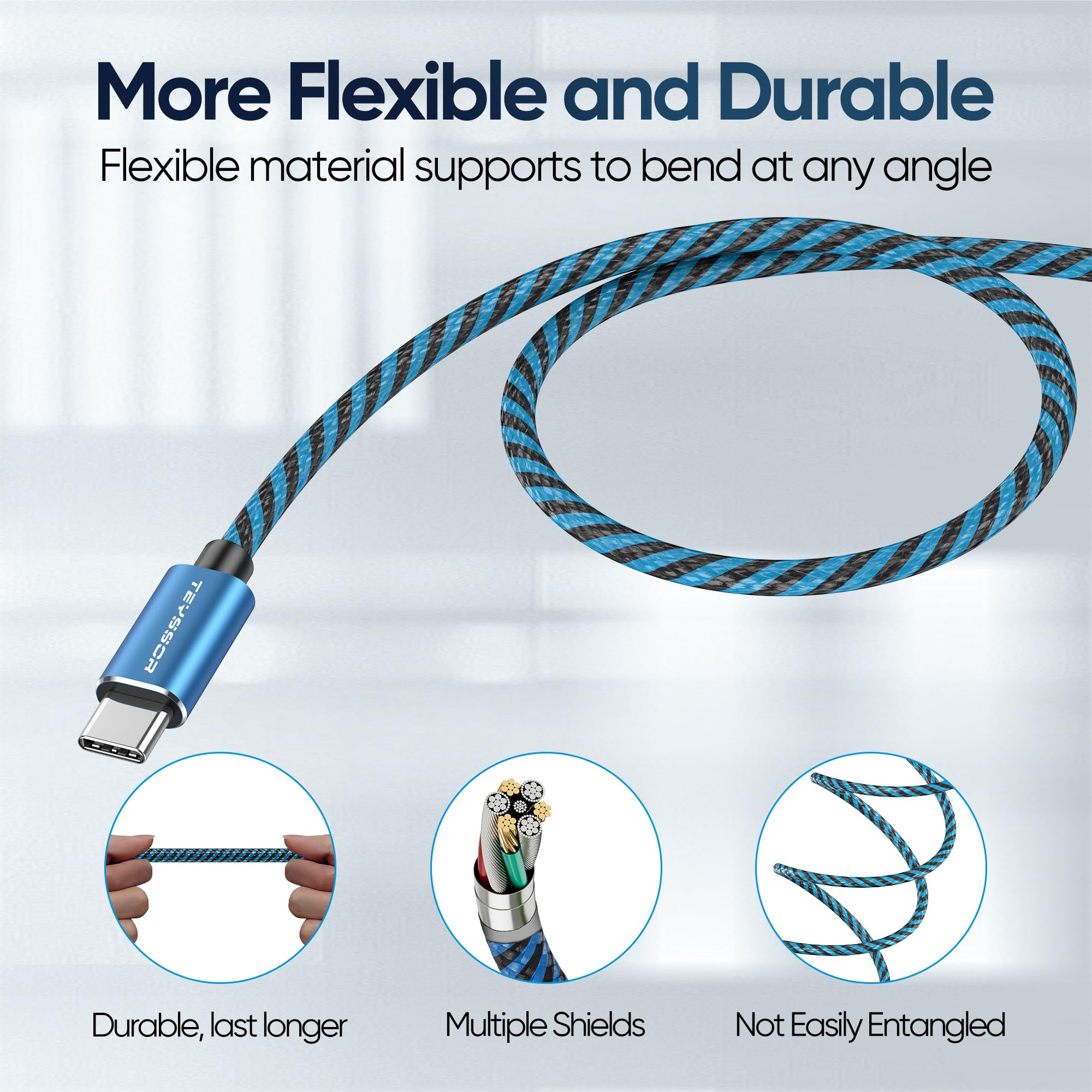 Teyssor 10FT 5-Pack USB C to USB C Cables, 60W Fast Charging, Compatible with Samsung S23/S22/S21, MacBook, Google Pixel, Smartphone, Tablet, Laptop