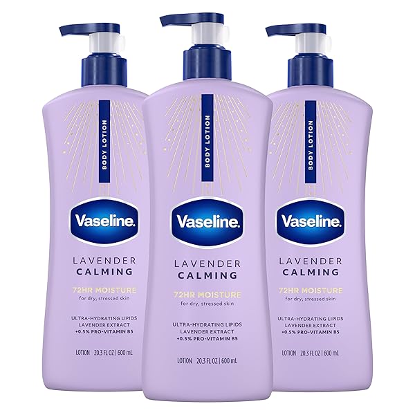 VASELINE INTENSIVE CARE CALM HEALING BODY LOTION 3 COUNT FOR DRY SKIN MADE WITH ULTRA-HYDRATING LIPIDS AND LAVENDER EXTRACT TO HEAL AND RESTORE DRY SKIN 20.3 OZ