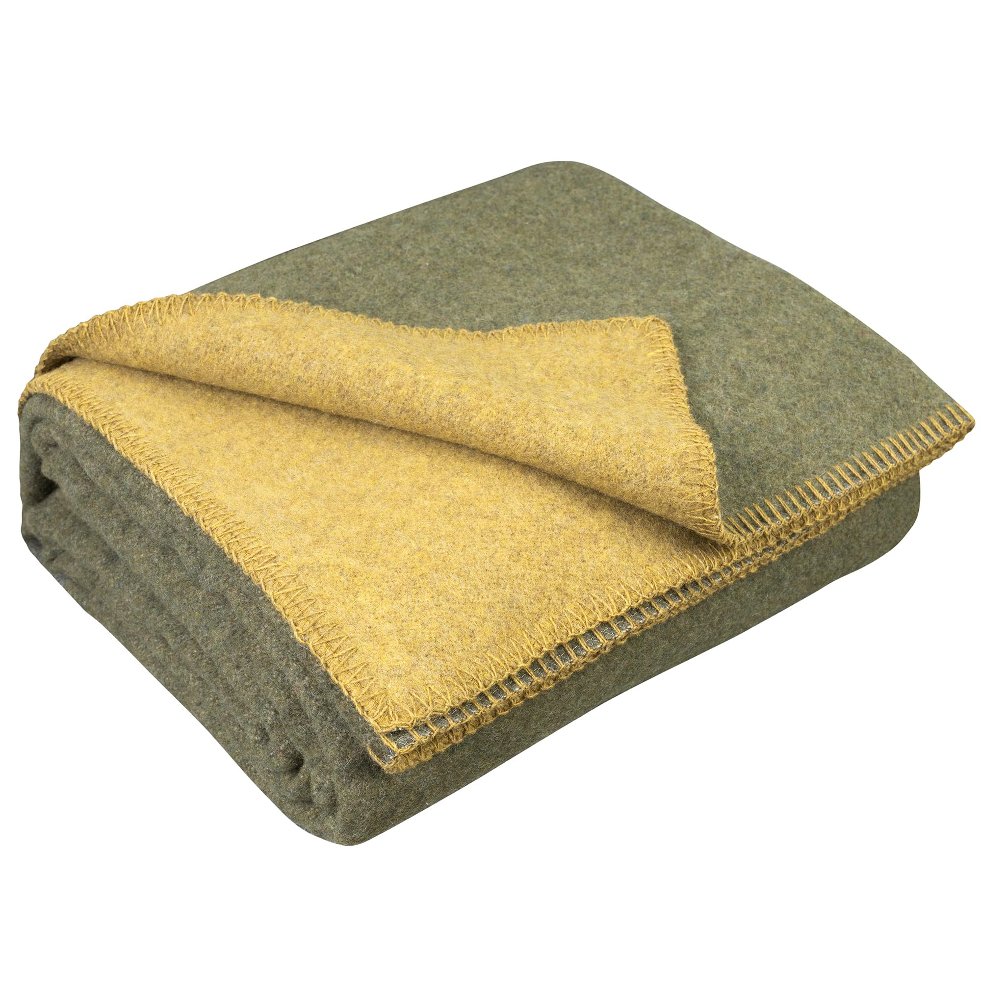 LYHome Wool Blanket - Merino Natural Throw, Soft Woolen Cover for Sofas & Beds. Army Blankets for Outdoor: Picnic, Travel and Camping (51x67 in | 130x170 cm | Olive Green - Mustard | Double-sided)