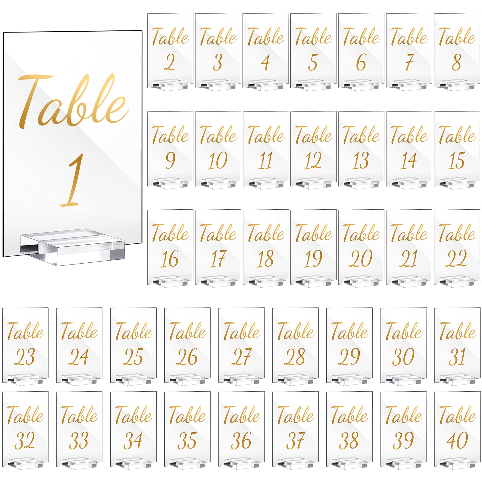 Photo 1 of 40 Pack Gold Acrylic Wedding Table Numbers 1-40 Clear Stand with Calligraphy Holders - 4 x 6 Inch Acrylic Table Signs for Wedding Reception Centerpieces