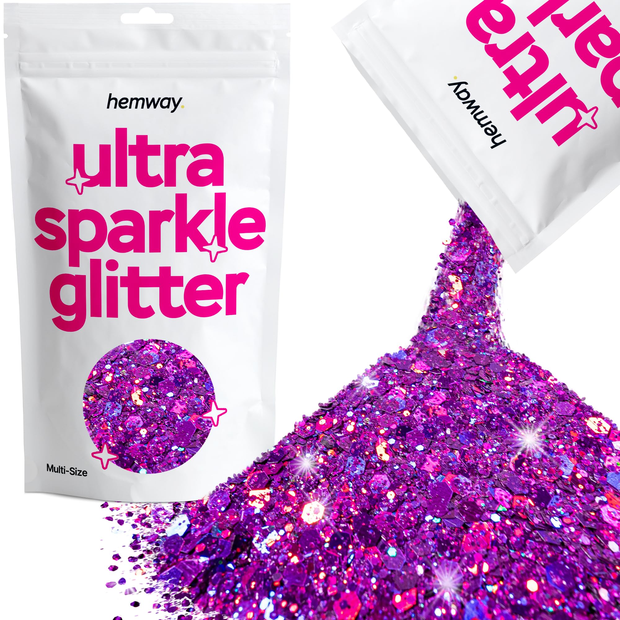 Hemway Ultra Sparkle Glitter Purple Holographic 100g Multi Size | Glitter for Arts & Craft, Makeup, Nail Art, Crafting, Card Making, Sparkle Decoration