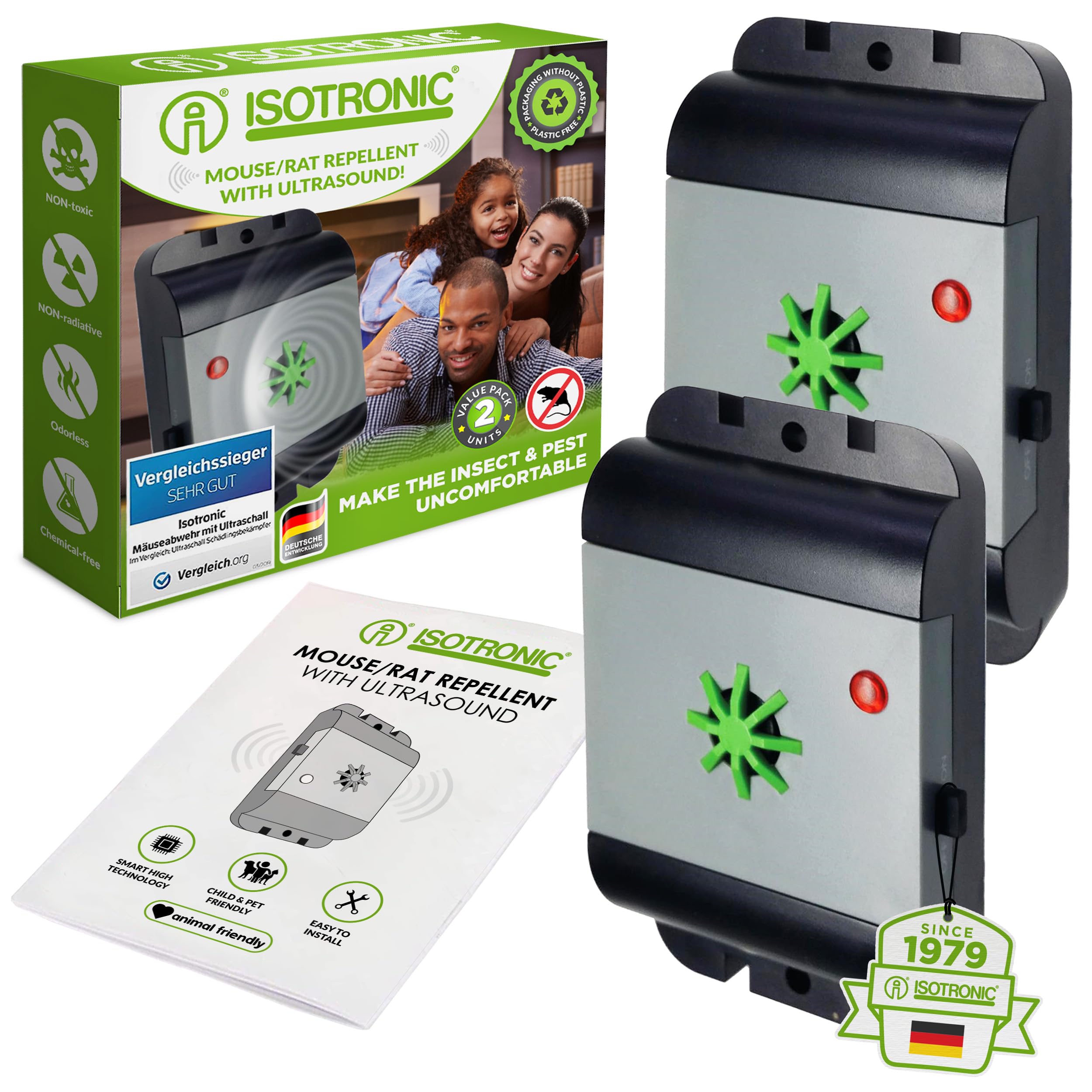 ISOTRONIC Mouse Repellent/Rat Repellent with Ultrasound, Test Winner Electronic Pest Repeller for Home, Basement, Garden, Mice and Rats Repel Without Chemicals and Mouse Trap, 2 pieces