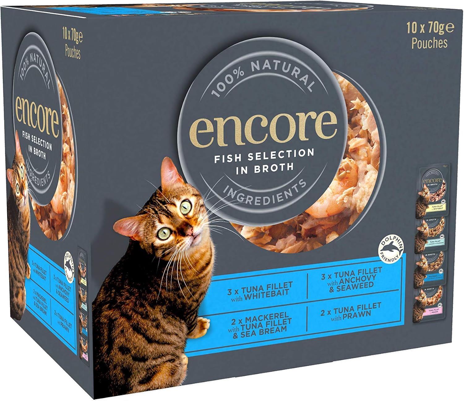Encore 100 Natural Wet Cat Food, Multipack Fish Selection in Broth 4x 10 x 70 g Pouch (Total 40