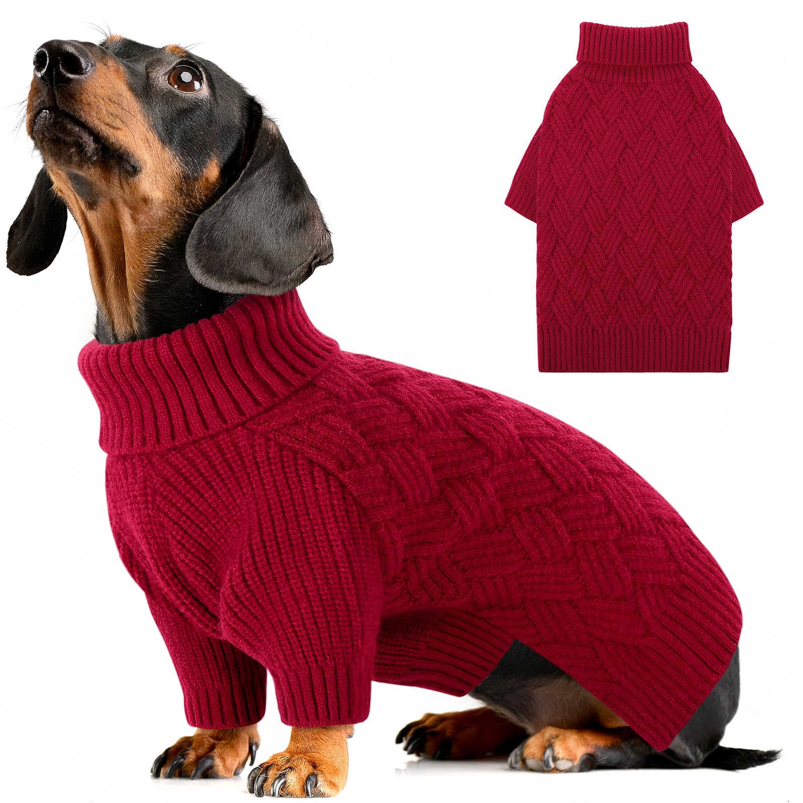 AOFITEE Small Dog Jumper, Turtleneck Jumpers for Small Dogs Male, Warm Dog Winter Jumper Girl Boy, Dogs Christmas Jumpers Sweater, Classic Cable Pet Sweaters Knitwear for Pug Dachshund (Red S)