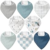 CIVARUA KIDS 8 Pack Muslin Baby Bandana Bibs for Drooling and Teething | Absorbent Cotton Drool Bib for Baby Boy Girl, Easy Adjustable Bibs for Newborn Infants Toddlers, 0-36 Months, Blue Dinosaur