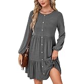 LYANER Women's Casual Long Sleeve Dress Crewneck Button Long Sleeve Tiered Flowy A-Line Mini Dress