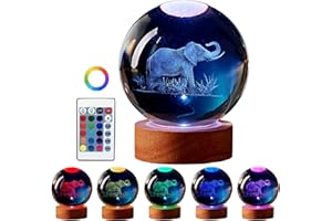 DIGFPWT Elephant Crystal Ball Lamp, 3.15 inch, Night Light with Wooden LED Base, Glass Ball with USB, Remote Control, 16 Color Change, Gift Box