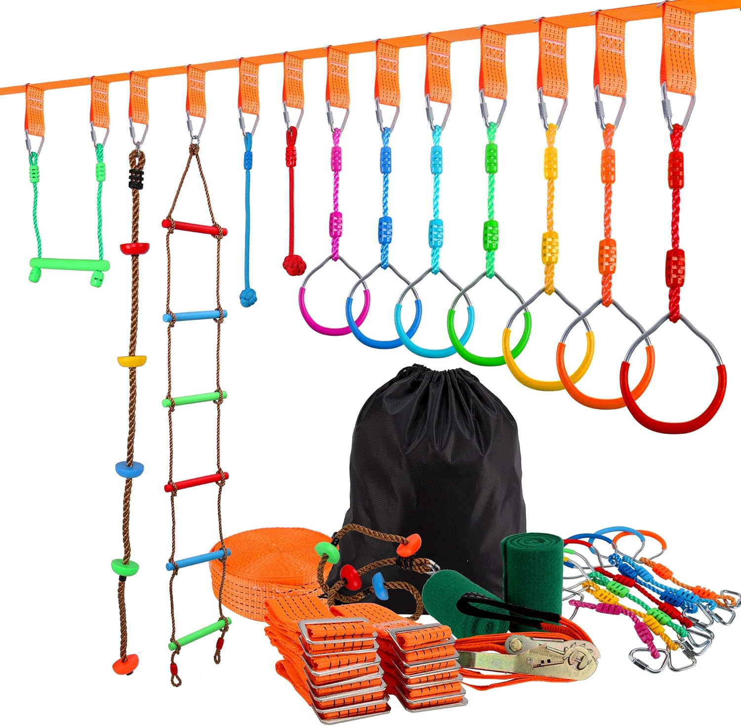 GRYSERCH Ninja Warrior Obstacle Course for Kids - 57' Ninja Slackline with 12 Obstacle Accessories for Kids, Ninja Warrior Training Equipment for Kids Outside Backyard ( Capacity 500 lbs): Toys & Games