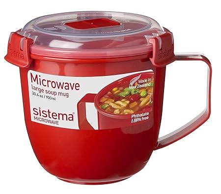 Sistema - Taza de sopa para microondas, plástico, rojo, 900 ml