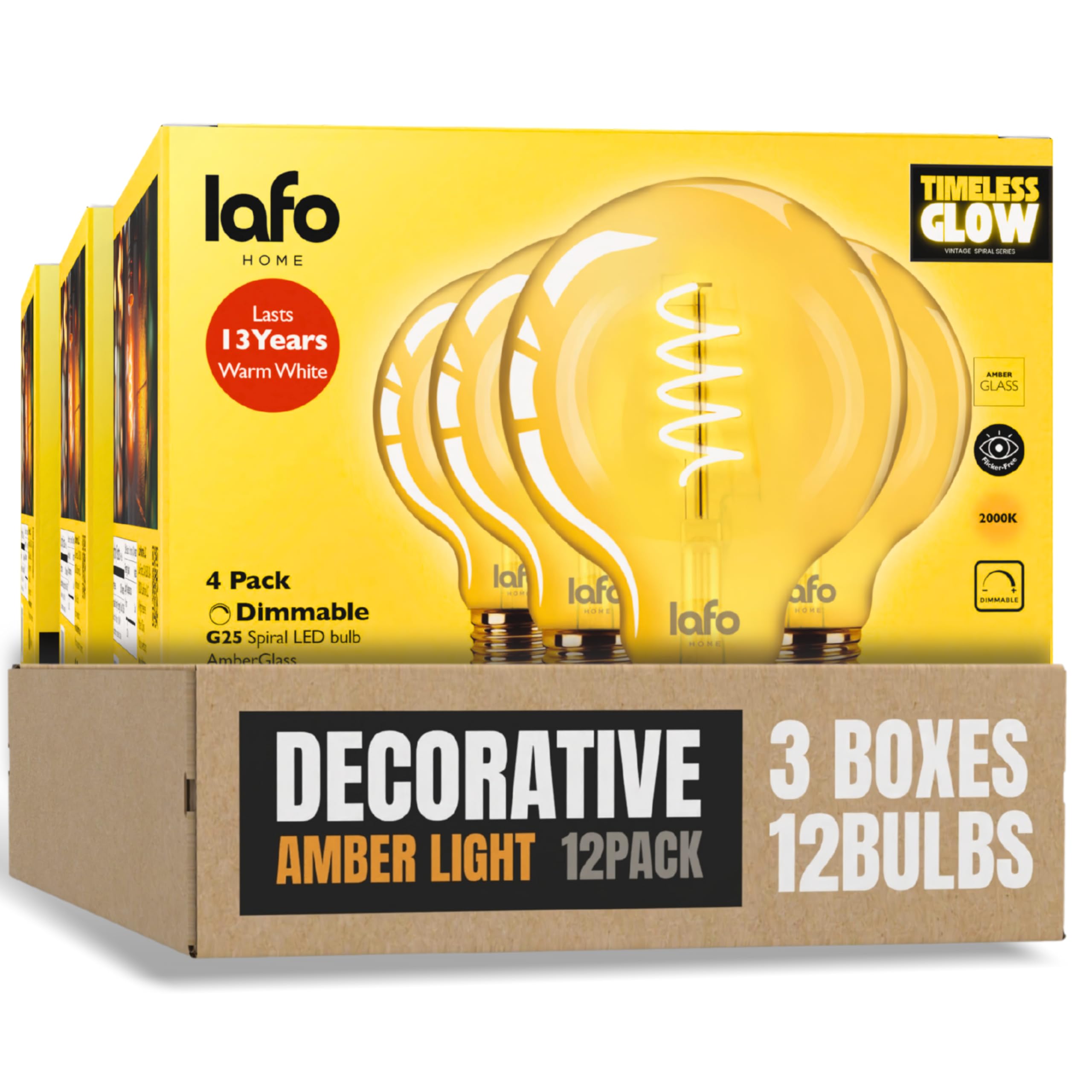 Photo 1 of LafoHome TimelessGlow Globe G25 LED Filament Bulbs, Spiral Filament, 40W Equivalent, Dimmable, 2000K Amber, 250 Lumens, CRI80+, Amber Glass, 15,000-Hour Life, E26 Base, ETL/FCC Certified (12 Pack)