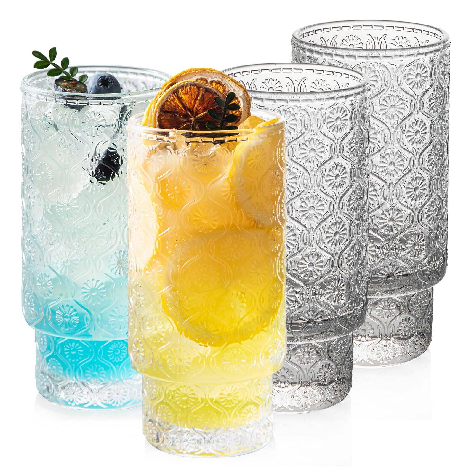 POLIDREAM Drinking Glasses Set of 4, 480ml Vintage Whiskey Glasses Embossed Glass Tumblers Flower Pattern Cocktail Glasses Water Glasses for Beer Juice Whiskey Cocktail Milk(7.5x7.5x14.5cm)