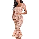 Summer Floral Midi Bodycon Maternity Dresses, Short Puff Sleeve Square Neck Ruffle Hem Mermaid Baby Shower Dress