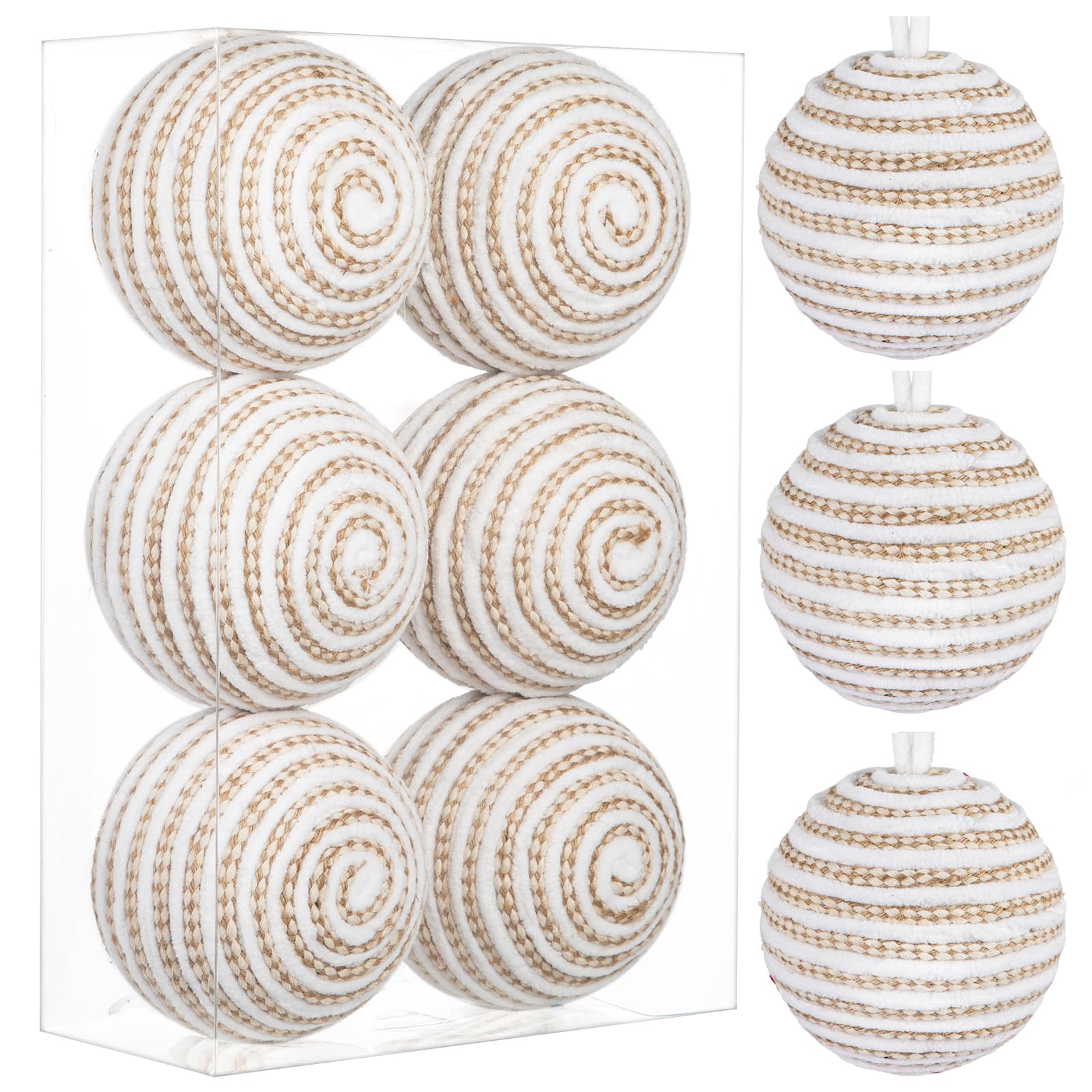 Oairse 10cm Christmas Balls Ornament Set, 6PCS Large White and Tan Rope Decorative Yarn Balls Christmas Baubles Ornament for Christmas Tree Decorations Xmas Halloween Holiday Party Table Decor