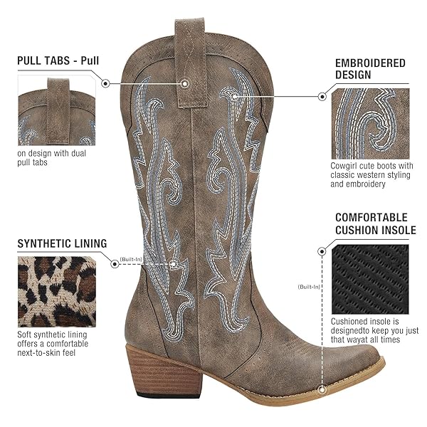 HISEA ROLLDA COWBOY BOOTS FOR WOMEN, COWGIRL BOOTS, COMFORTABLE WESTERN BOOTS WITH POINTED TOE STITCHED EMBROIDERY FOR COUNTRY CONCERT DANCING WEDDING TRAVELING DAILY OUTFITS