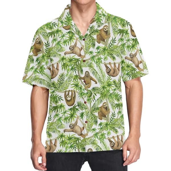 Visesunny Men's Hawaiian Shirt – Short Sleeve Button Down With Sloth Jungle Print, Quick-Dry & Breathable