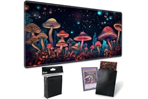SROJDHFJB for MTG Playmat TCG Board Game Mat Plus 50 Pcs Card Sleeves, 24 x 14 Table Mats Neon Mushroom Game Mousepad with Soft Surface Non-Slip Base for MTG Trading Card Game Playmats