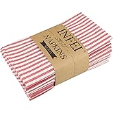 INFEI Plain Striped Cotton Linen Blended Dinner Cloth Napkins - Set of 12 (17 x 17 inches) - for Events & Home Use (Red)