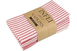 INFEI Plain Striped Cotton Linen Blended Dinner Cloth Napkins - Set of 12 (17 x 17 inches) - for Events & Home Use (Red)